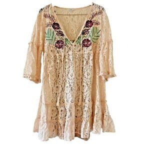 Womans‎ L GUESS Pink Lace Tiered Western Boho Floral Embroidered Dress Tassels